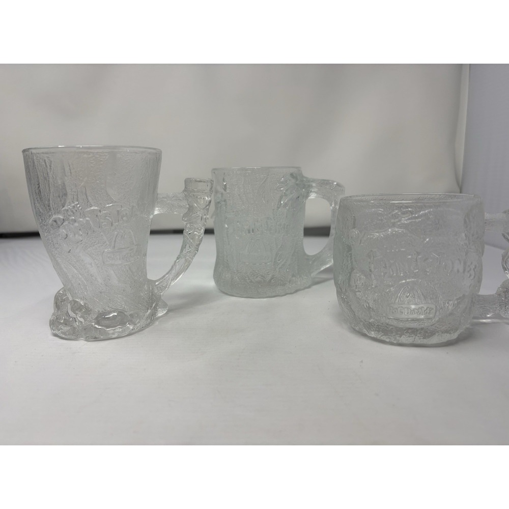 McDonalds Flintstones Clear Glass Coffee Mugs Set of 3 Vintage 1993 Made In USA